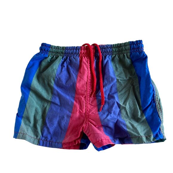 Star Fish Vintage Boys Sz 18 Months Red, Blue & Green Striped Swim Trunks Retro - Picture 1 of 5